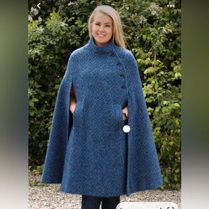 Vintage Jimmy Hourihan  Dublin Ireland Tweed Blue Cape Wool pockets 47” Long.
